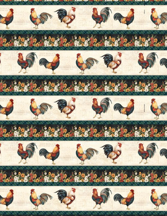 Garden Gate Roosters - Repeating Stripe Multi - Licence To Quilt