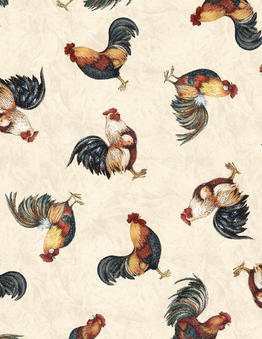 Garden Gate Roosters - Chicken All Over Cream - Licence To Quilt