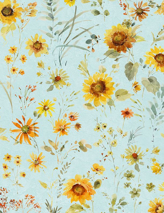 Sunflower Sweet - Flowers All Over Light Teal - Licence To Quilt